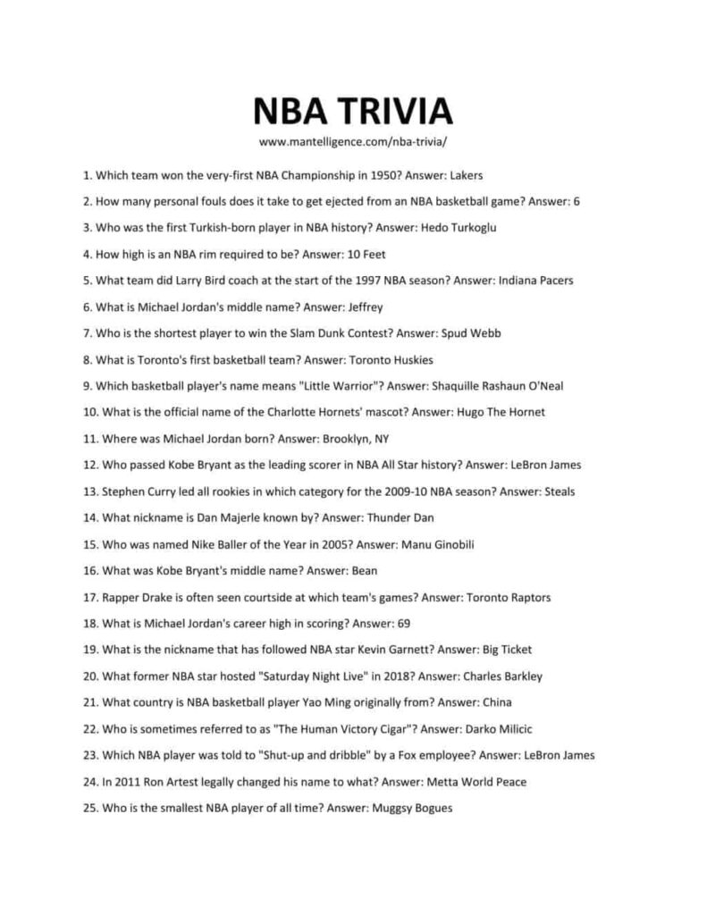 Free Printable Basketball Trivia Questions And Answers