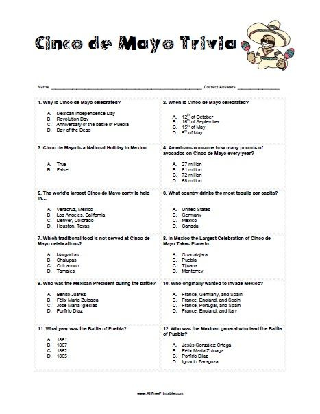 Free Printable Cinco De Mayo Trivia Cinco De Mayo Activities Trivia 