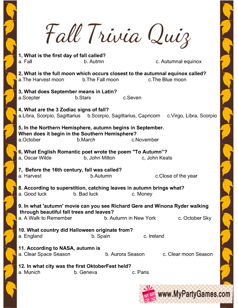 Free Printable Fall Trivia Quiz