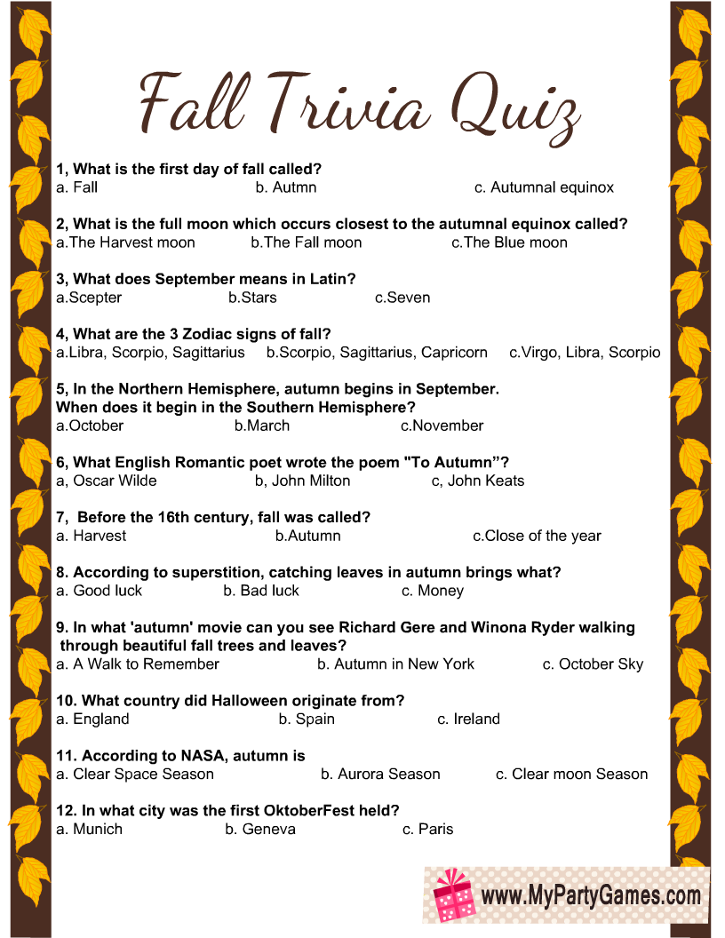 Printable Trivia Questions And Answers Autumn