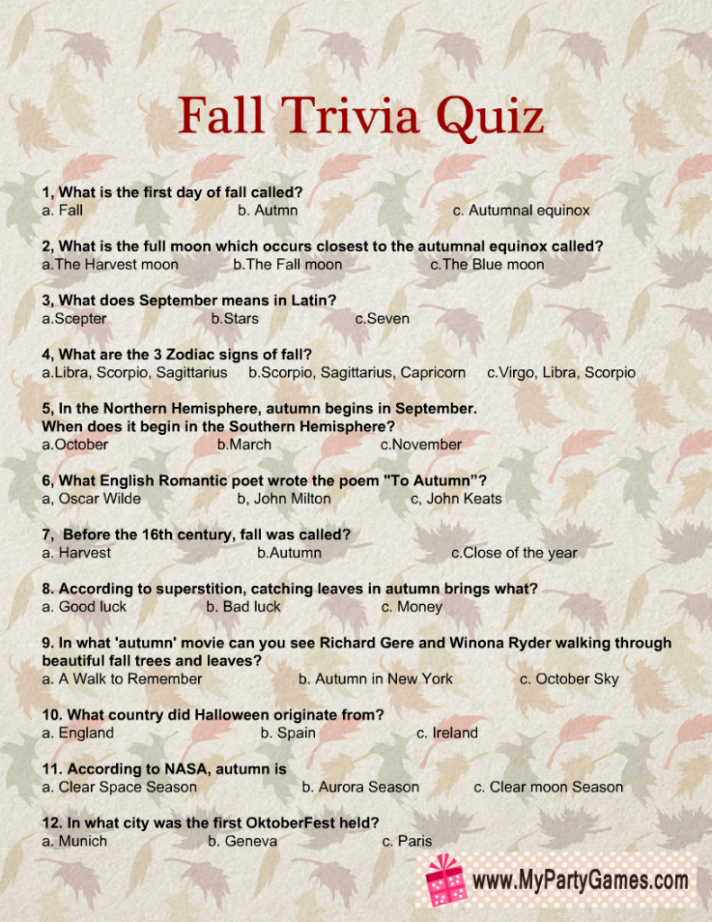 Free Printable Fall Trivia Quiz Trivia Quiz Free Trivia Questions 