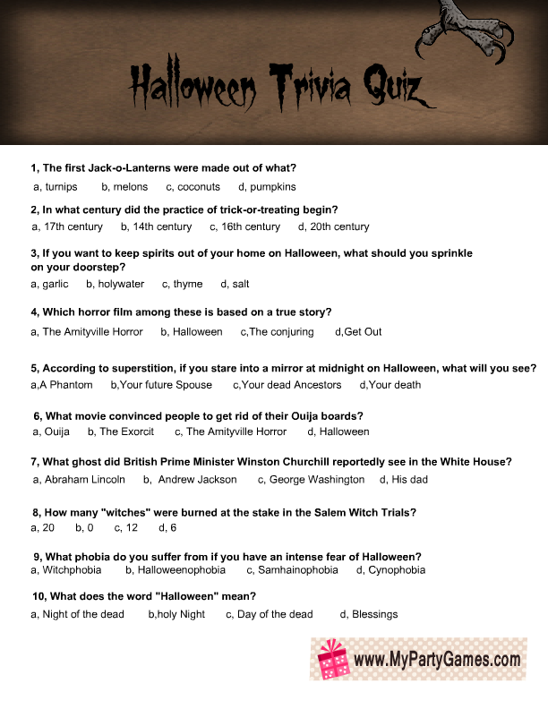 Free Printable Halloween Trivia Quiz For Adults