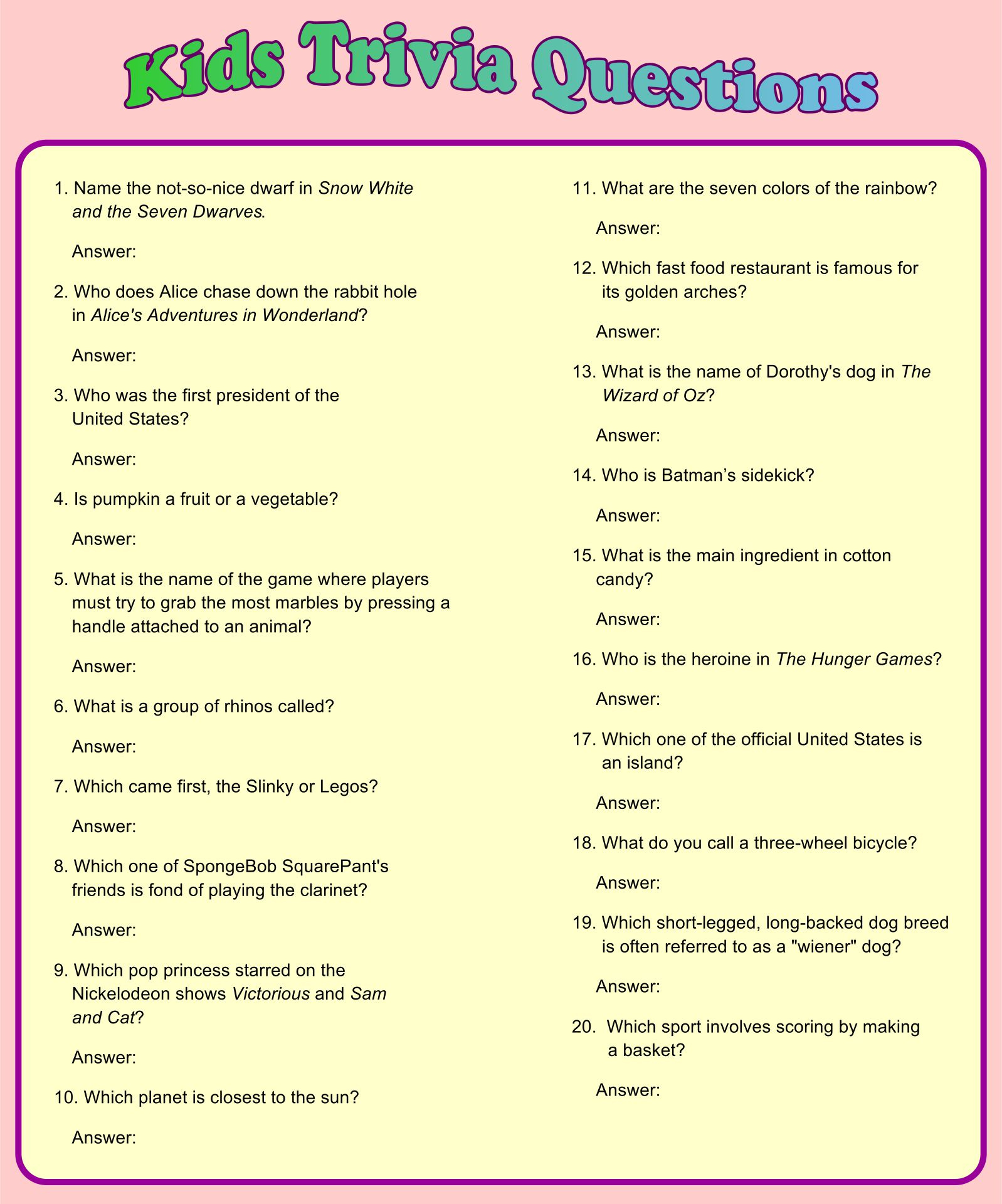 Free Printable Quizzes And Answers 8 Best Fun Printable Trivia 