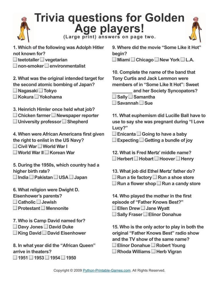 Free Printable Trivia Games.Senior Trivia Printable With Answers