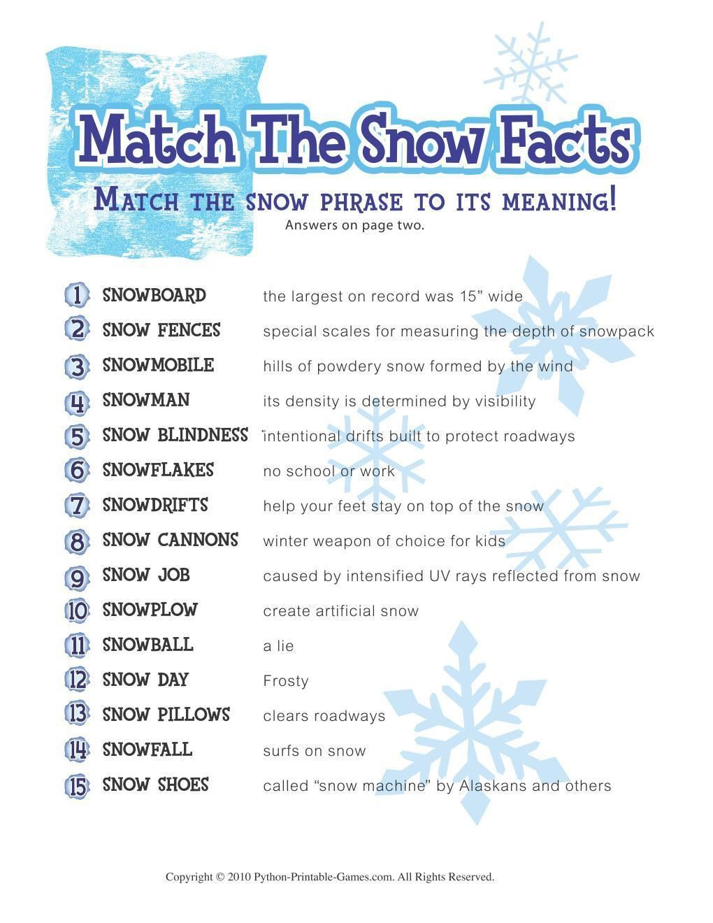 Free Printable Winter Game Match The Snow Facts Download Snow Facts 