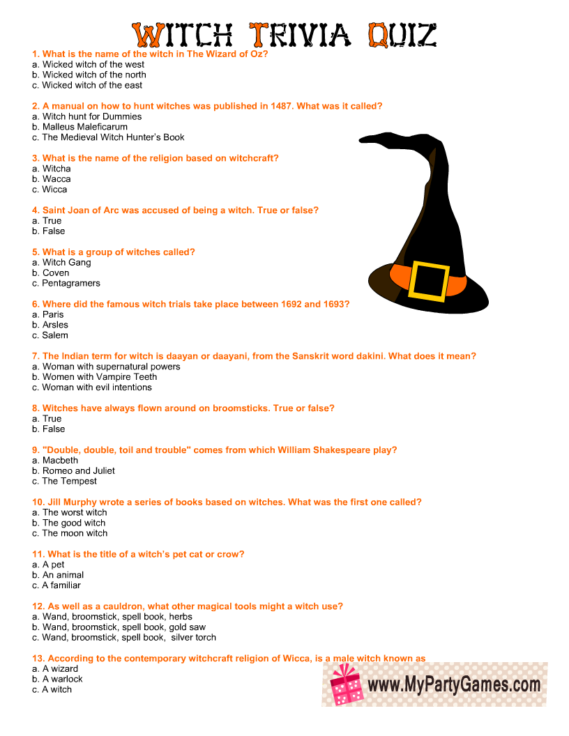 Free Printable Witch Trivia Quiz For Halloween