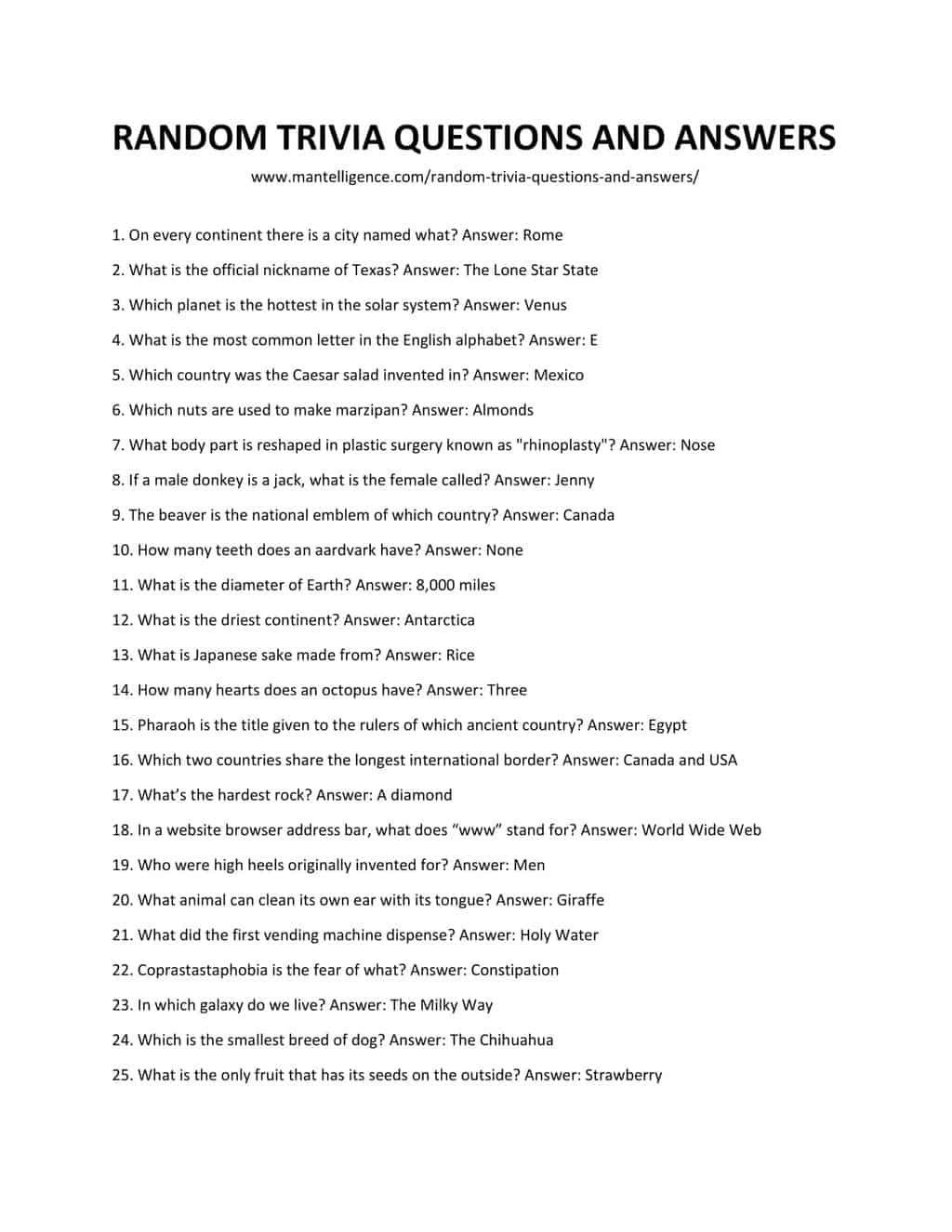 Random Trivia Questions And Answers Easy