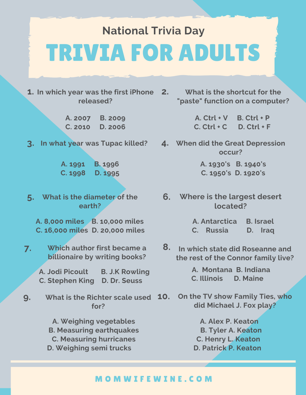 Fun Trivia For Kids And Adults Free Printables Mom Wife Wine 