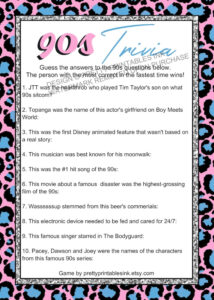 Girls Night Game 90s Trivia Game Printable Girls Night In Game