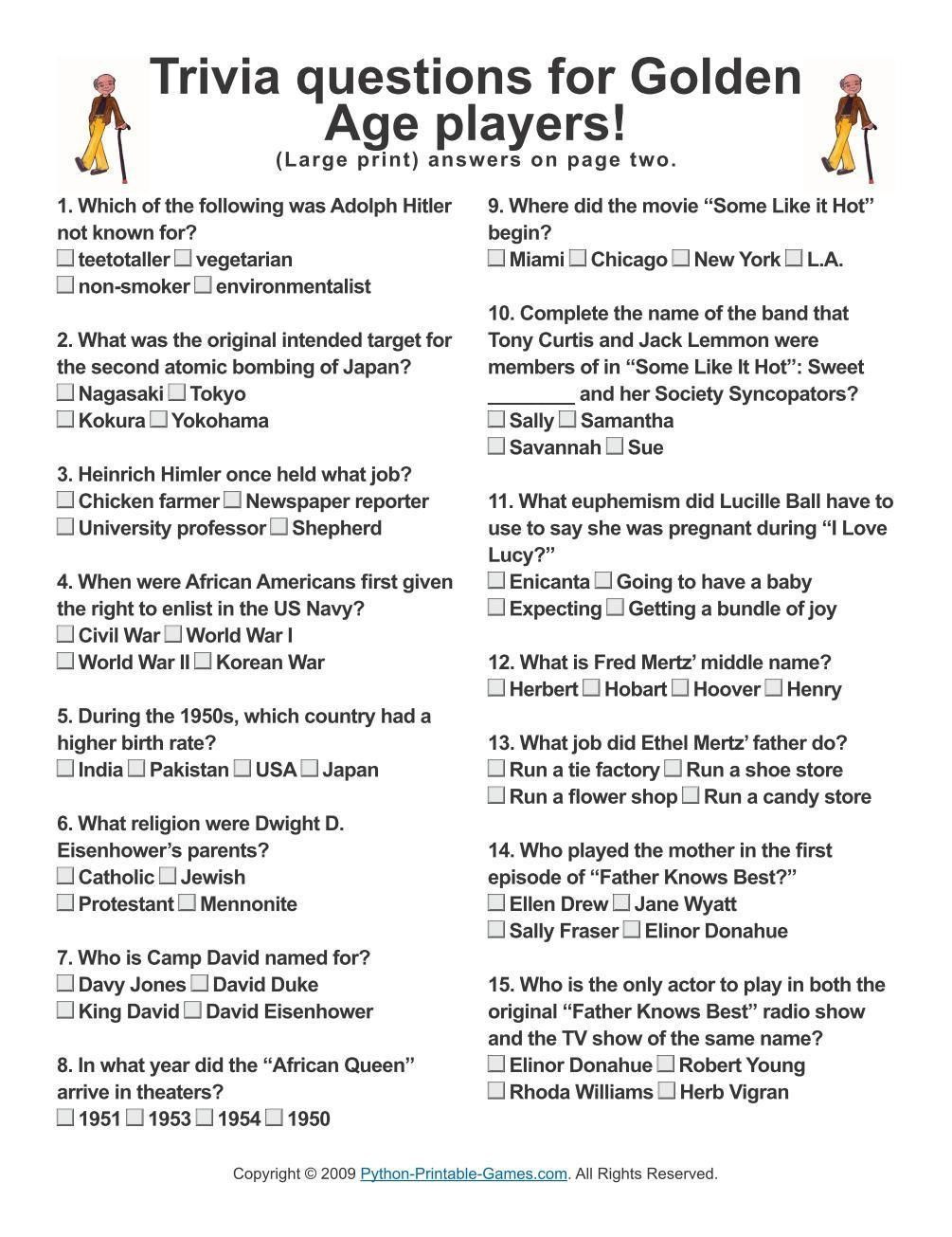 Free Printable Trivia With Answers For Seniors