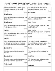 Harry Potter Trivia Bingo Game Cards Easy Page 1 Harry Potter Party