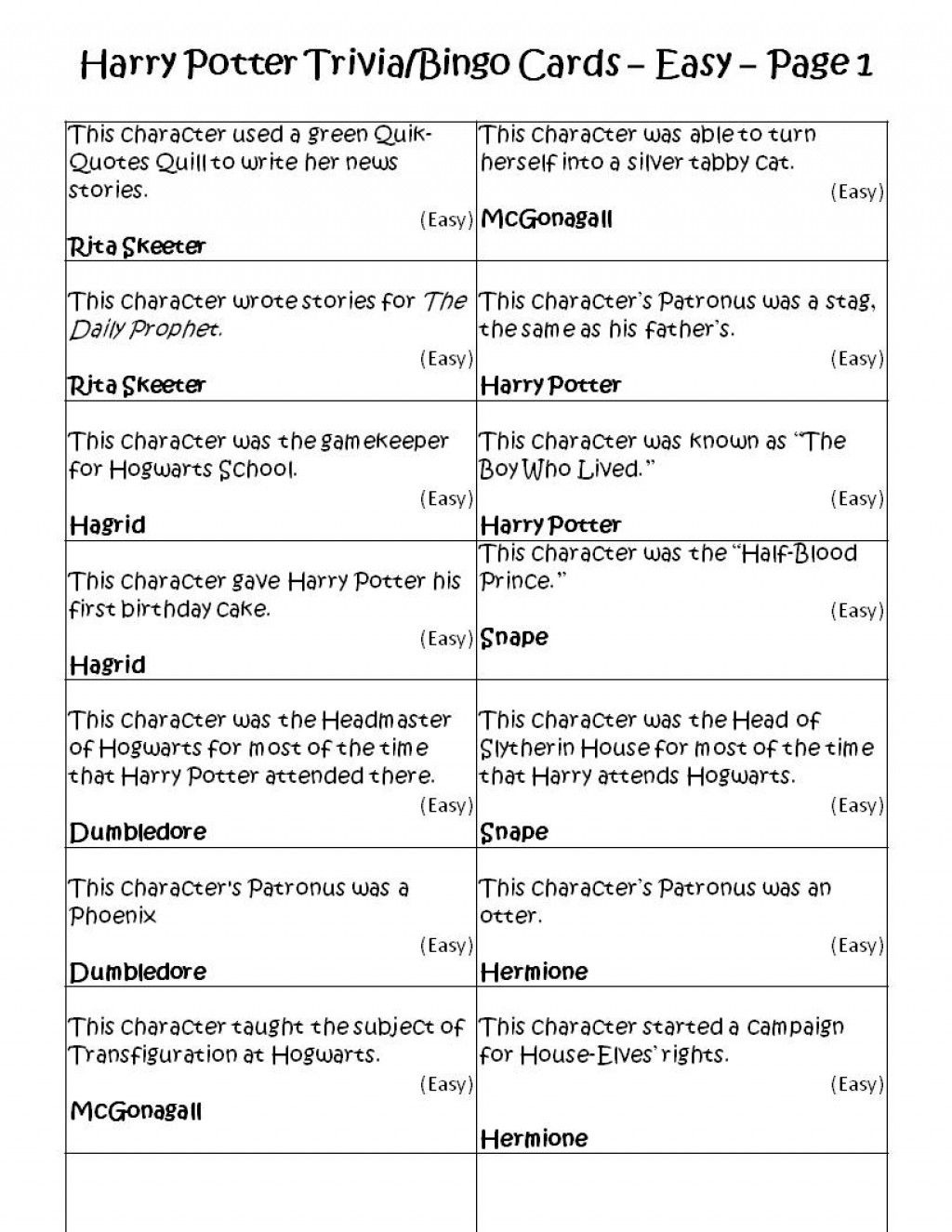 Harry Potter Trivia Bingo Game Cards Easy Page 1 Harry Potter Party 