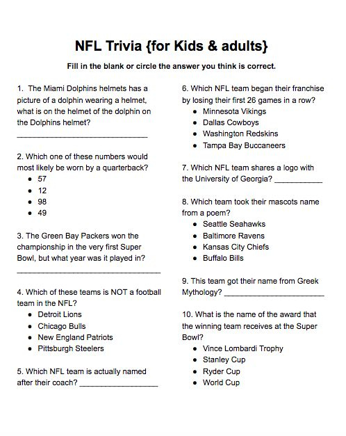 NFL Trivia for Kids Adults Free Printable Not Year Specific 