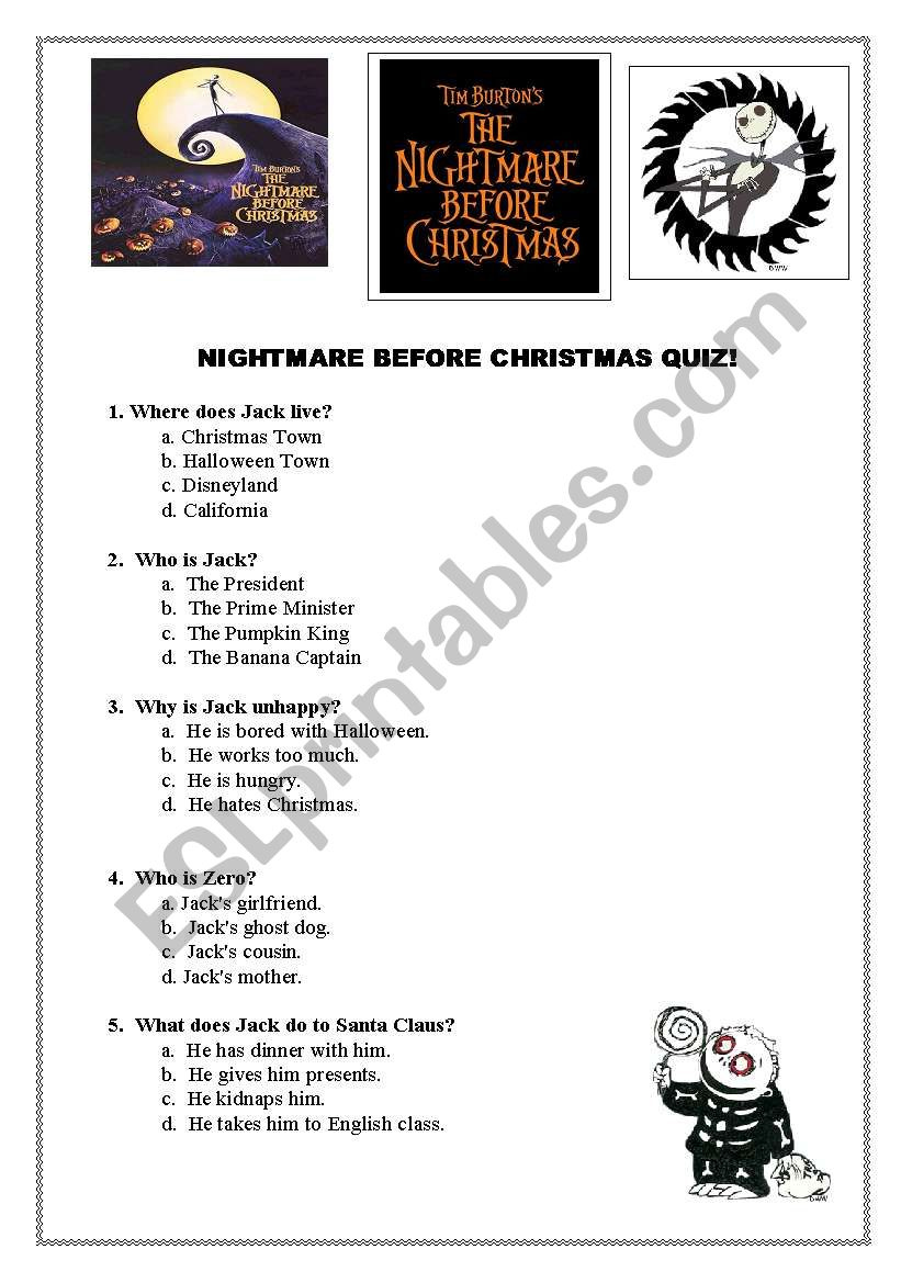Nightmare Before Christmas FUN Movie Quiz Multiple Choice EASY ESL 