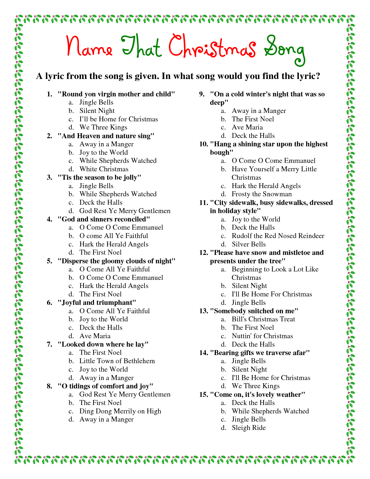 Christmas Songs Trivia Questions And Answers