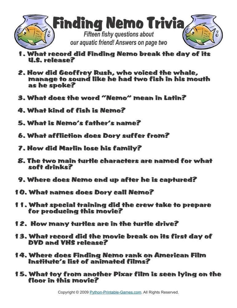 Pop Culture Games Finding Nemo Trivia Nemo