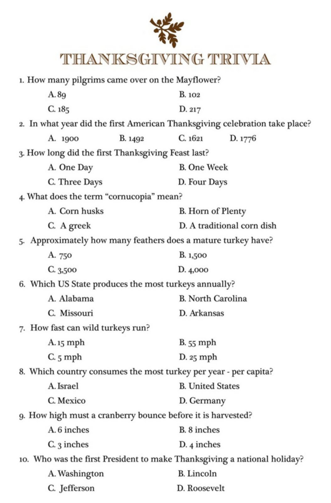 Prettie Parties THANKSGIVING TRIVIA