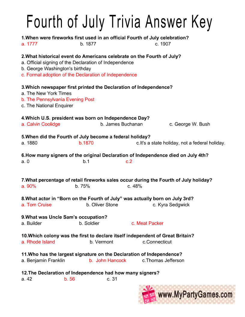 Printable 4Th Of July Trivia Questions And Answers 10 Best Fourth Of 