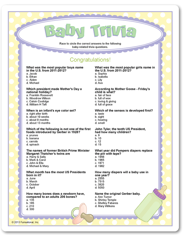 Printable Baby Trivia Baby Facts Baby Shower Quiz Baby Shower Fun