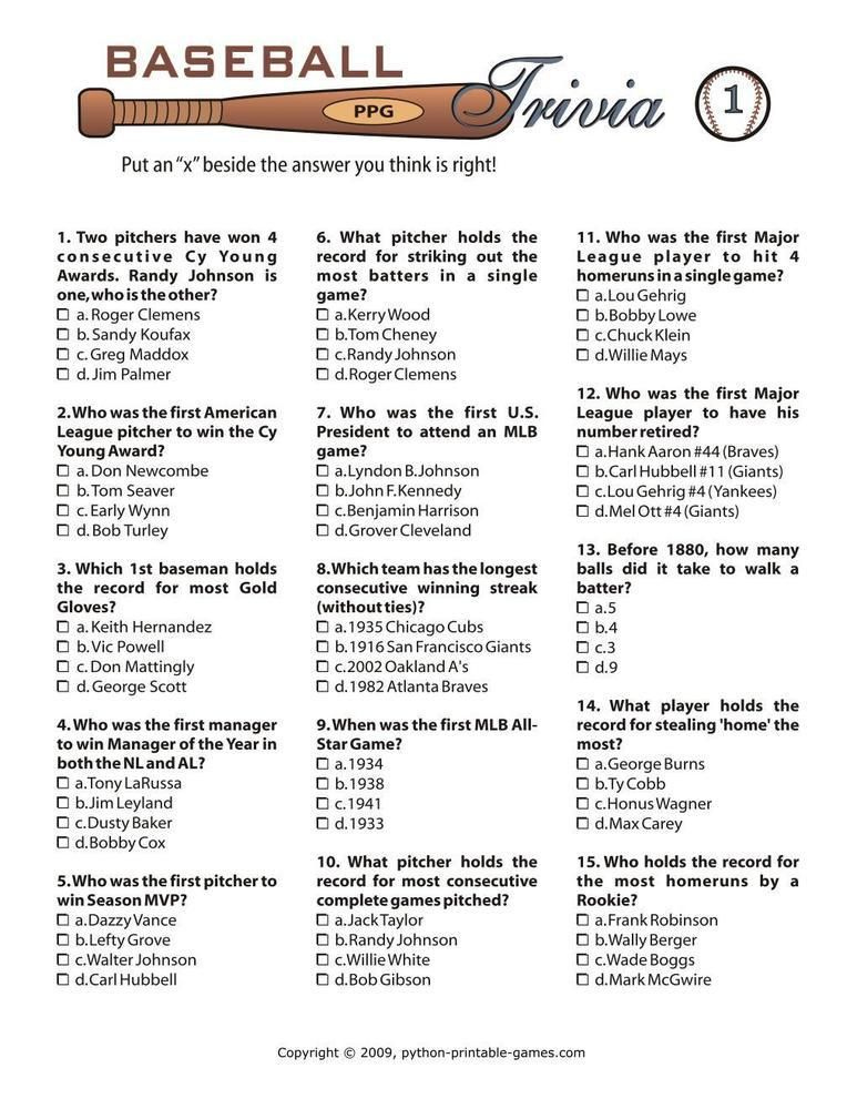 Free Printable Baseball Trivia Questions And Answers