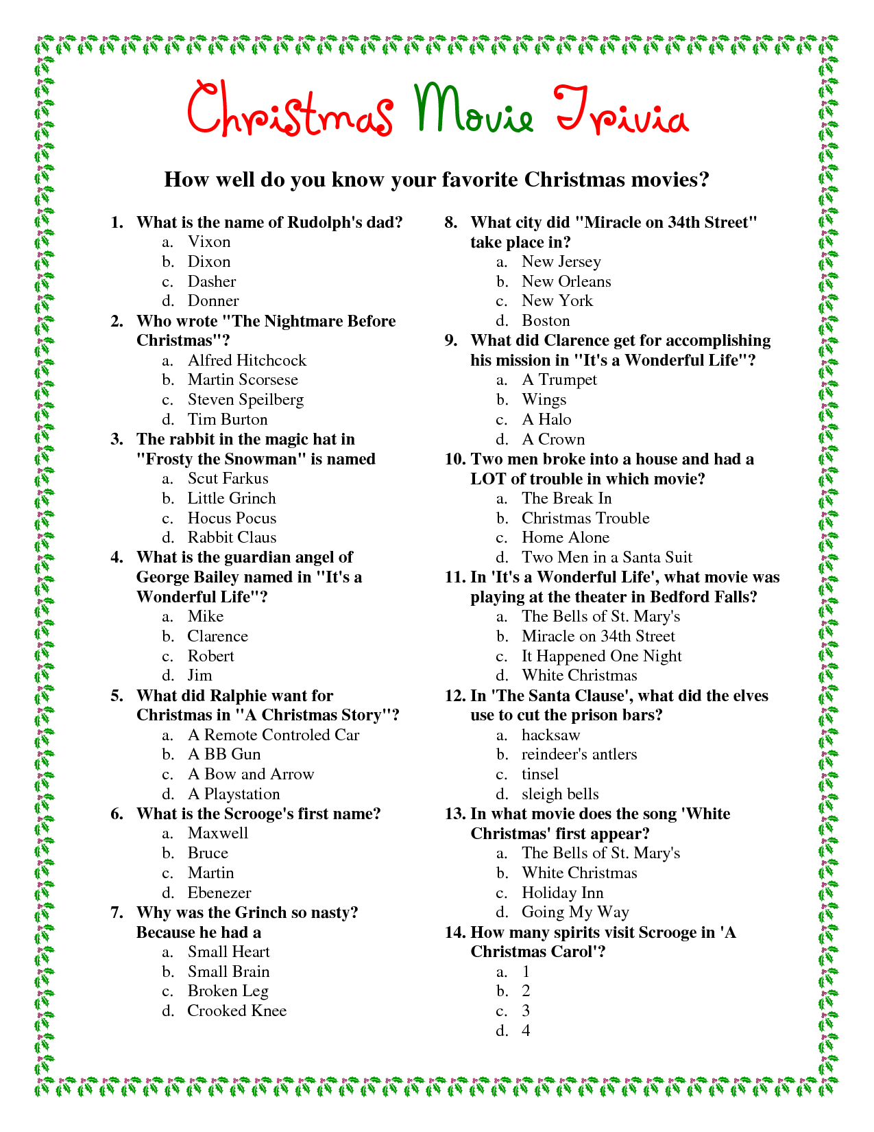 Printable Christmas Movie Trivia Christmas Song Trivia Christmas 