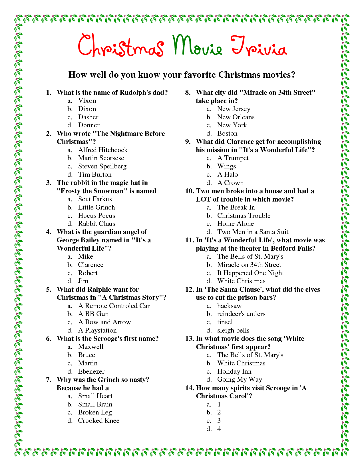 Printable Christmas Movie Trivia Christmas Trivia Games Christmas 
