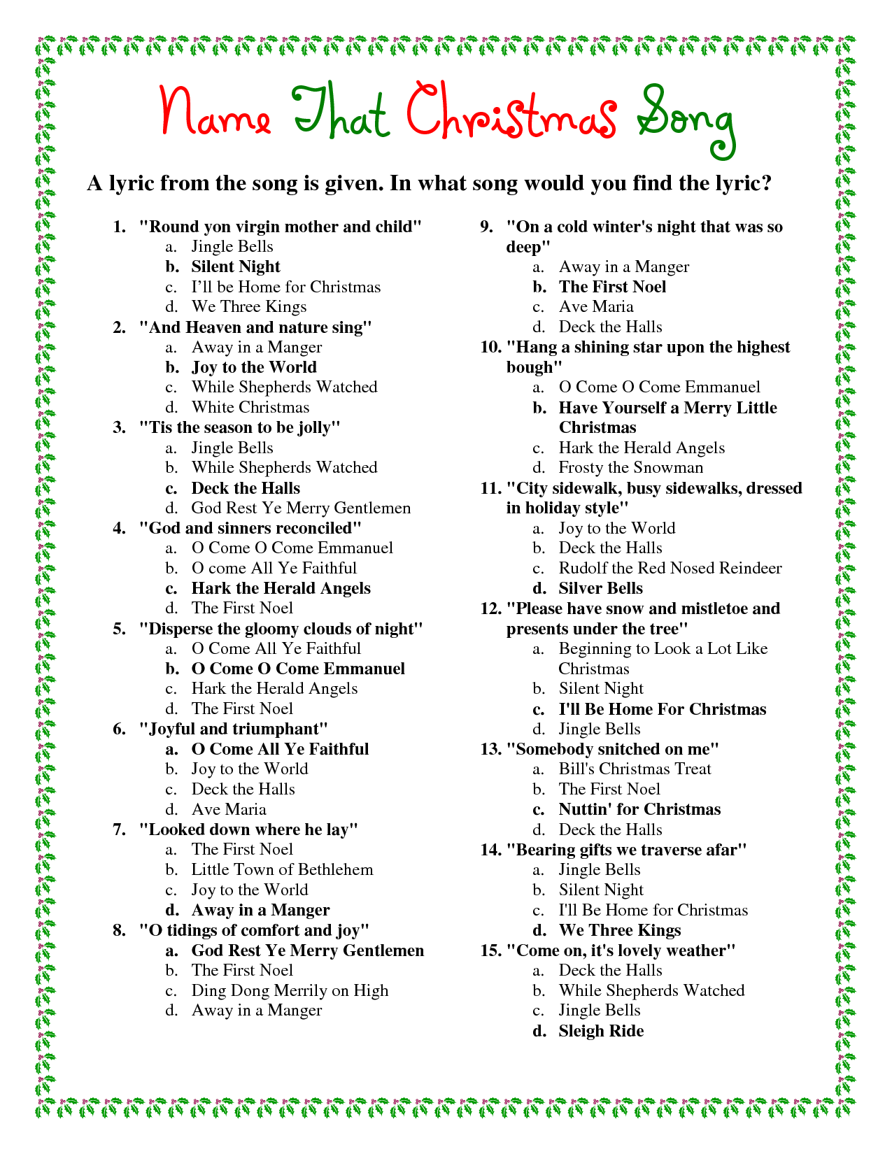 Printable Christmas Song Answers Christmas Song Trivia Christmas 