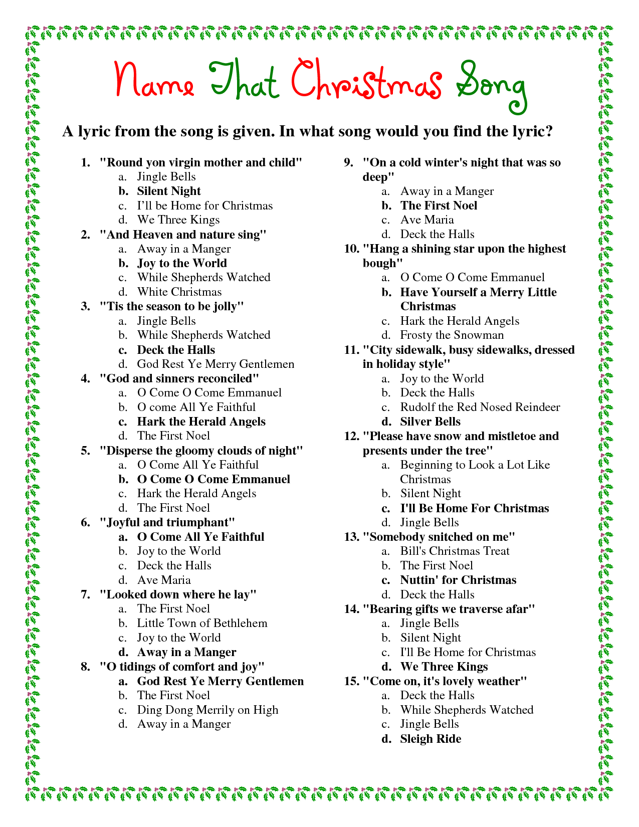 Printable Christmas Song Answers Tis The Season Christmas Trivia 