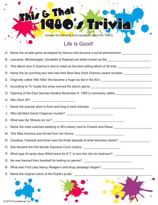 Printable This That 1980 s Trivia 80s Theme Party 1980s Party 80s 
