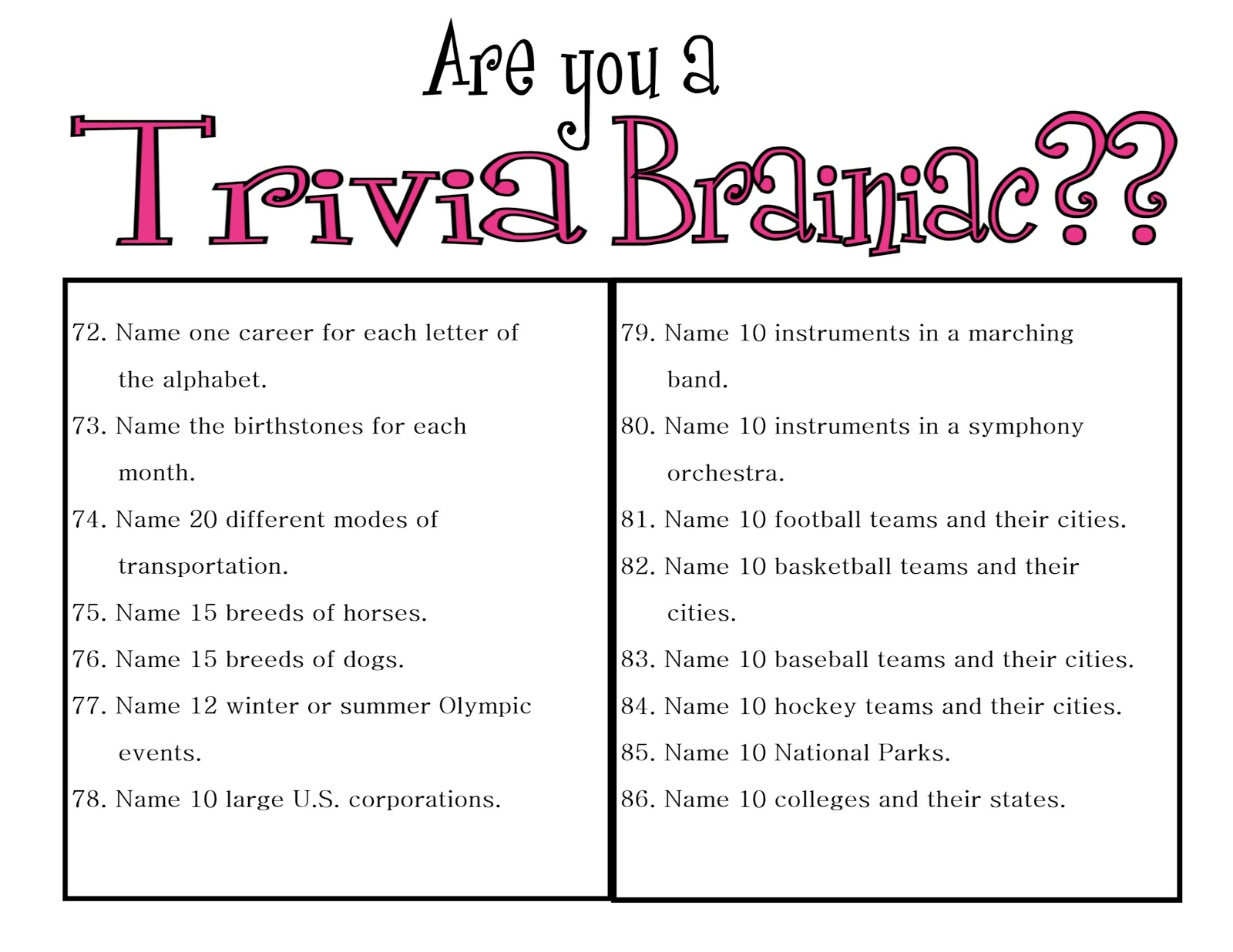 Trivia Questions With Answers Printable