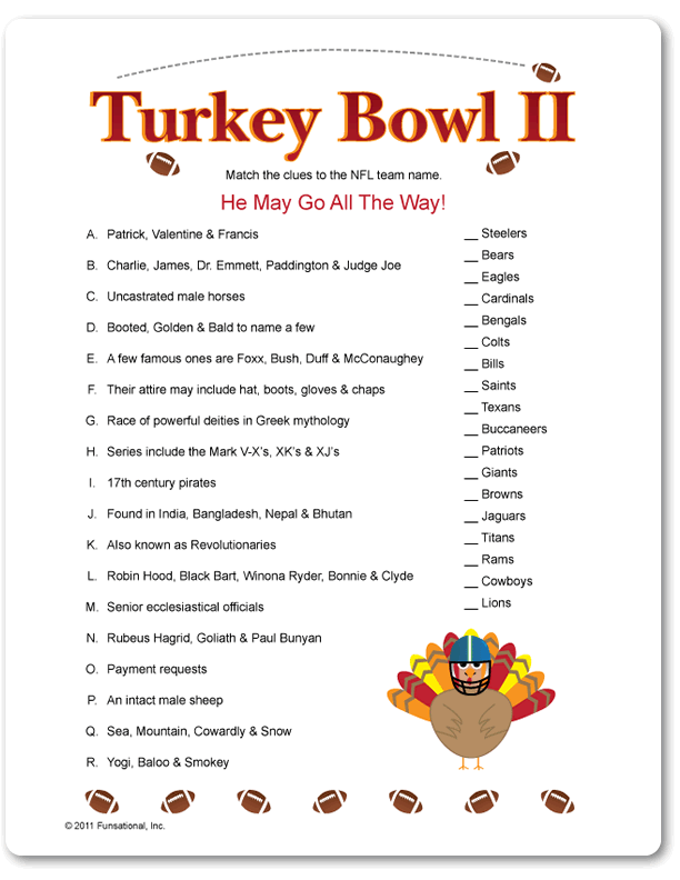 Printable Turkey Bowl II Funsational Thanksgiving Facts Turkey 