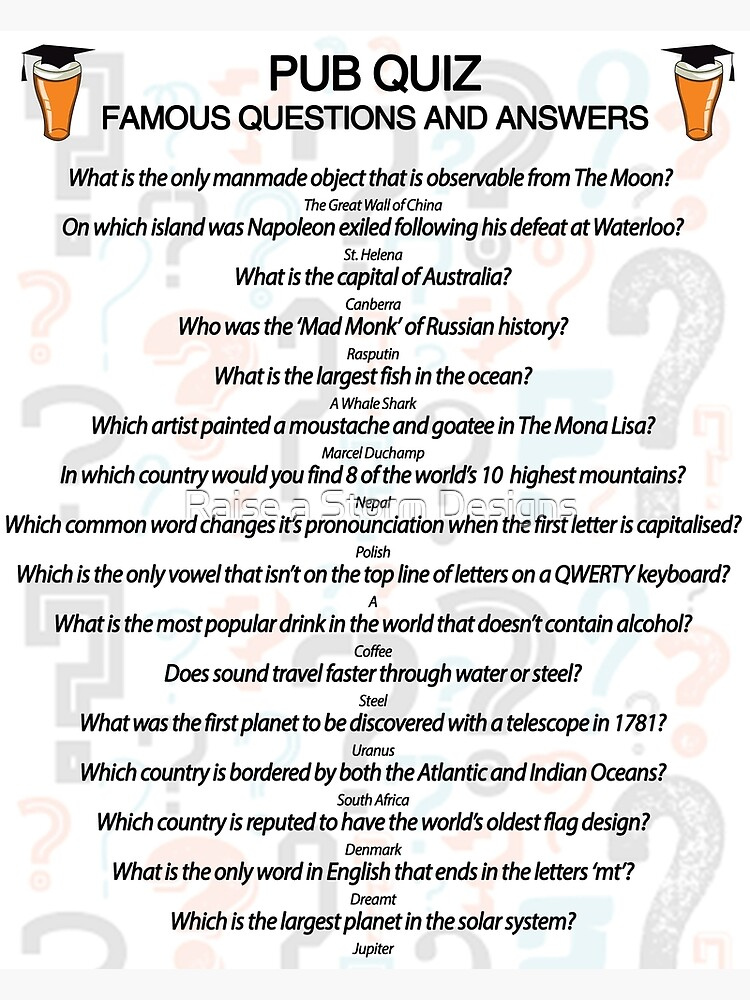  Pub Quiz Design With 16 Questions And Answers Photographic Print For 