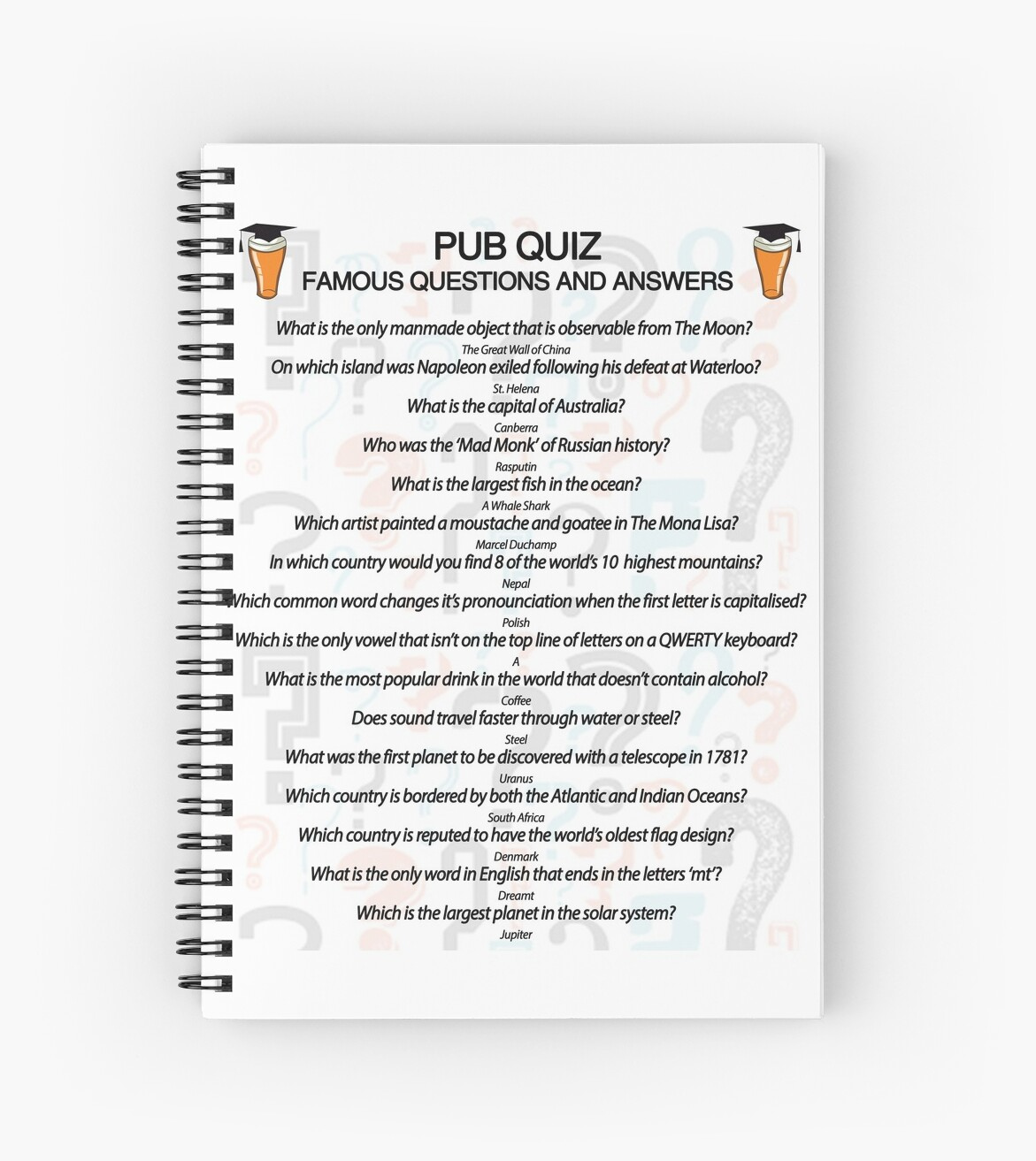  Pub Quiz Design With 16 Questions And Answers Spiral Notebook By 