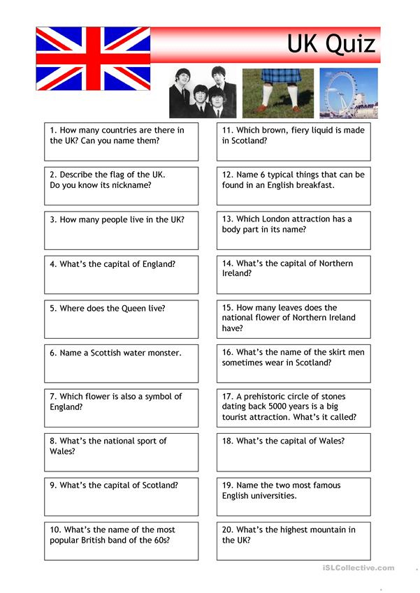 Quiz UK Trivia English ESL Worksheets For Distance Learning And 