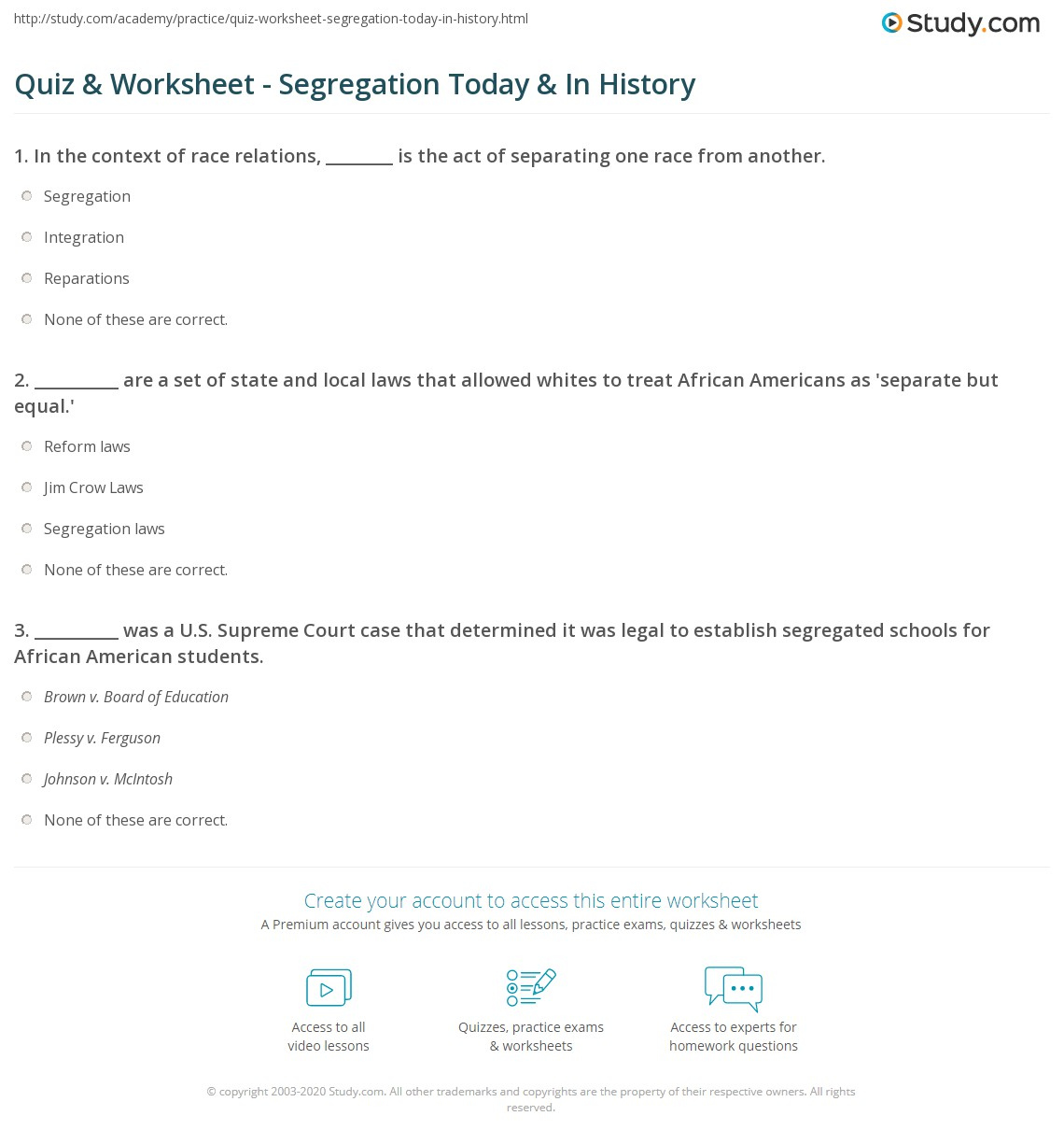 Quiz Worksheet Segregation Today In History Study