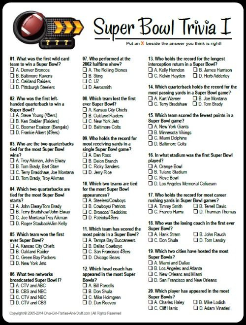 Super Bowl Trivia Multiple Choice Printable Game Updated Jan 2020 