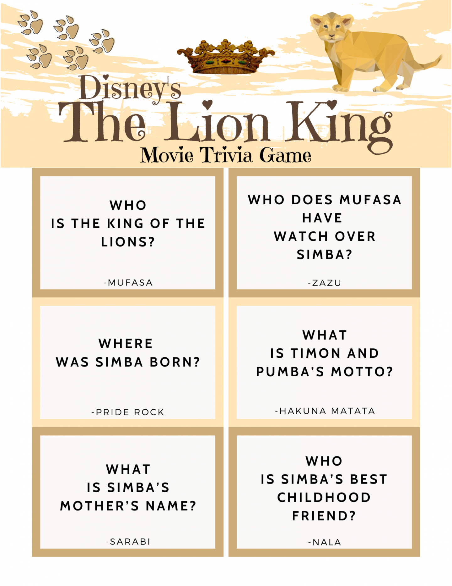 The Lion King Movie Trivia Quiz FREE PRINTABLE The Life Of Spicers