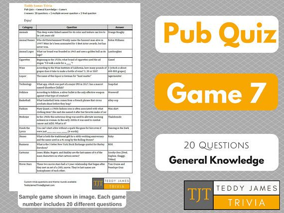 Trivia Questions For Pub Quiz Game 7 20 General Knowledge Etsy Pub 