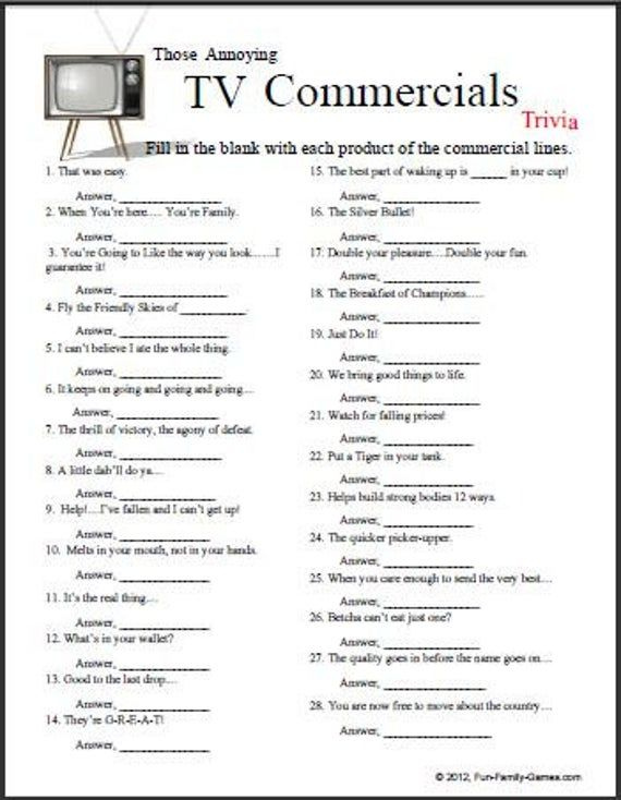 TV Commercials Trivia Etsy Printable Word Games Family Reunion 