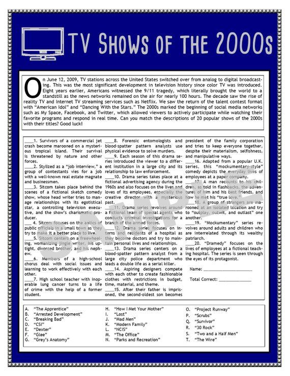 TV Shows Of The 2000s Printable Matching Game TV Trivia Millennial 