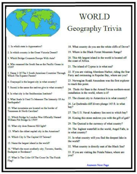 World Geography Trivia Etsy