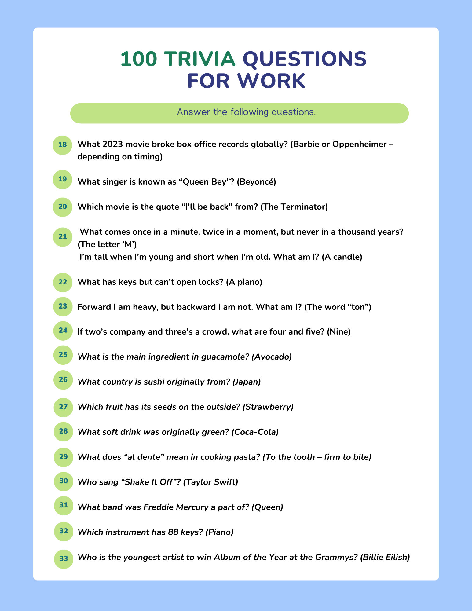 work friendly trivia questions work friendly trivia questions
