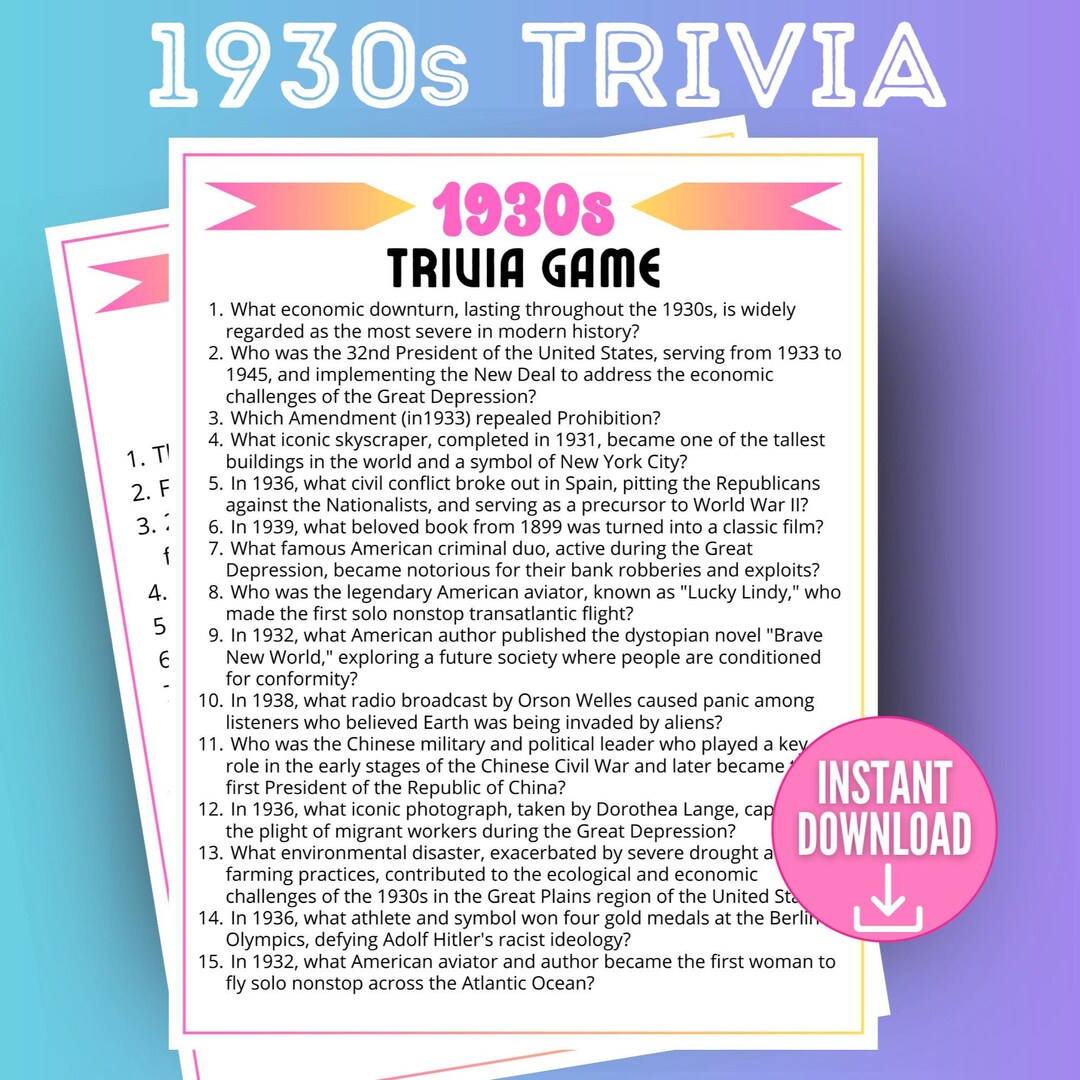 1930s Decade Trivia Game Trivia 1930s Decade Trivia Game Trivia