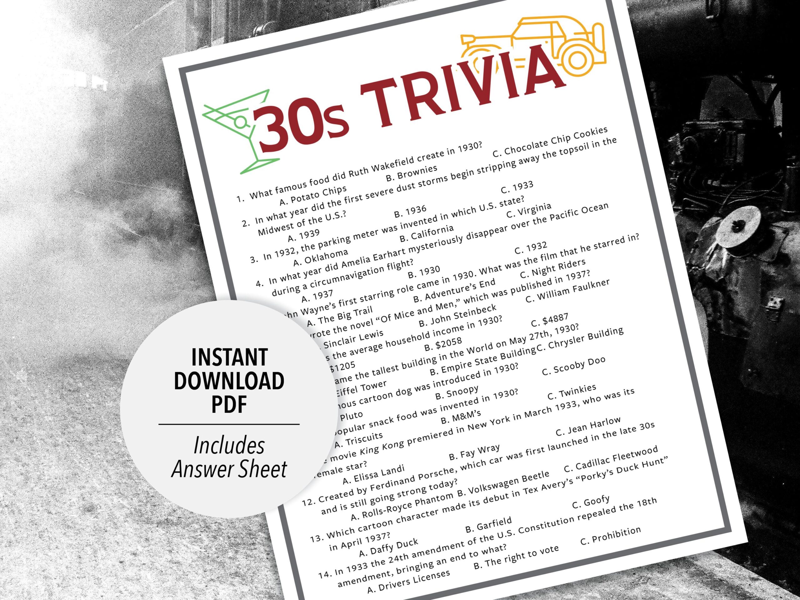 1930s Trivia Game Printable Party Game 1930s Trivia Game Printable Party Game