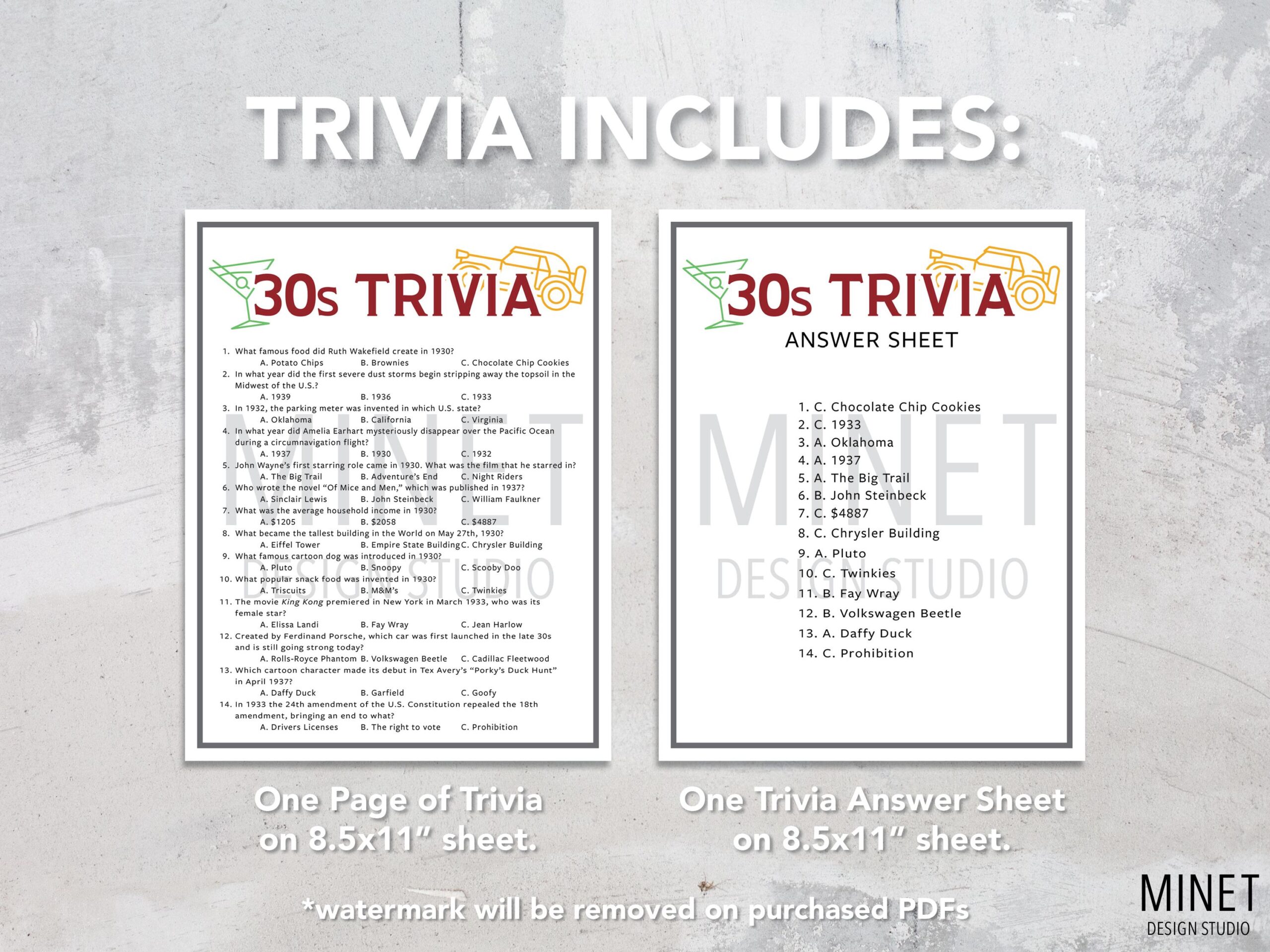 1930s Trivia Game Printable Party Game 1930s Trivia Game Printable Party Game