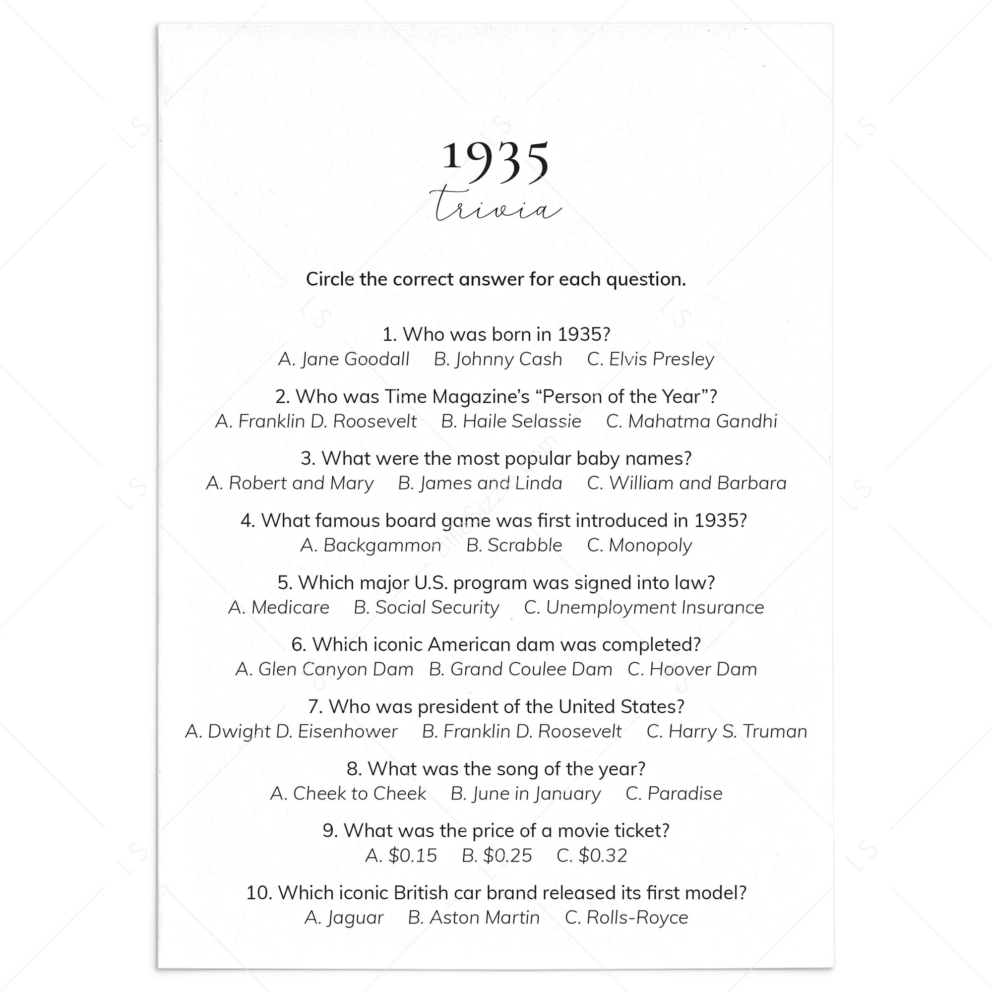1935 Quiz And Answers Printable