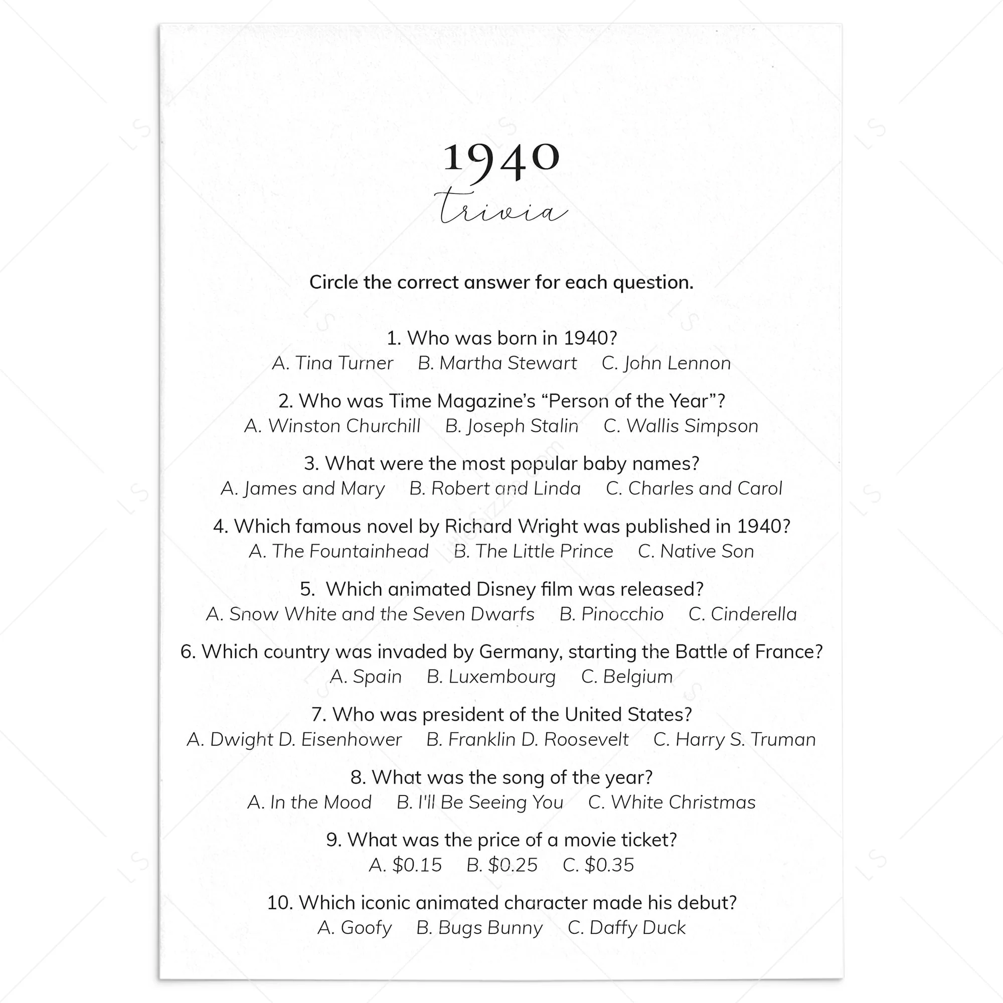 1940 Quiz And Answers Printable