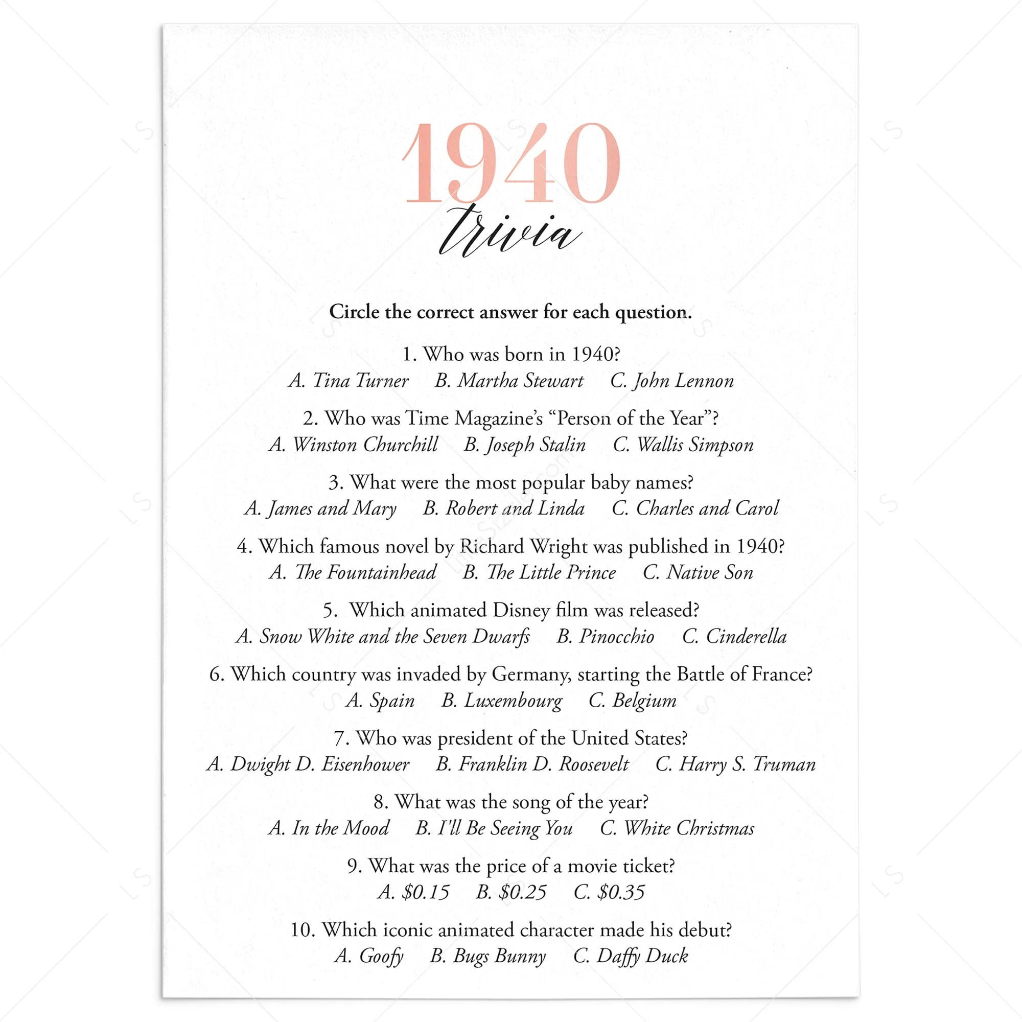 1940 Trivia Questions And Answers Printable