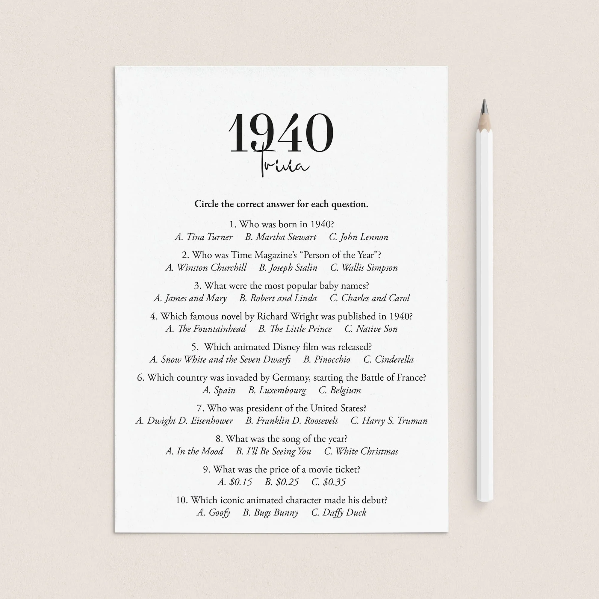 1940 trivia questions and answers for seniors