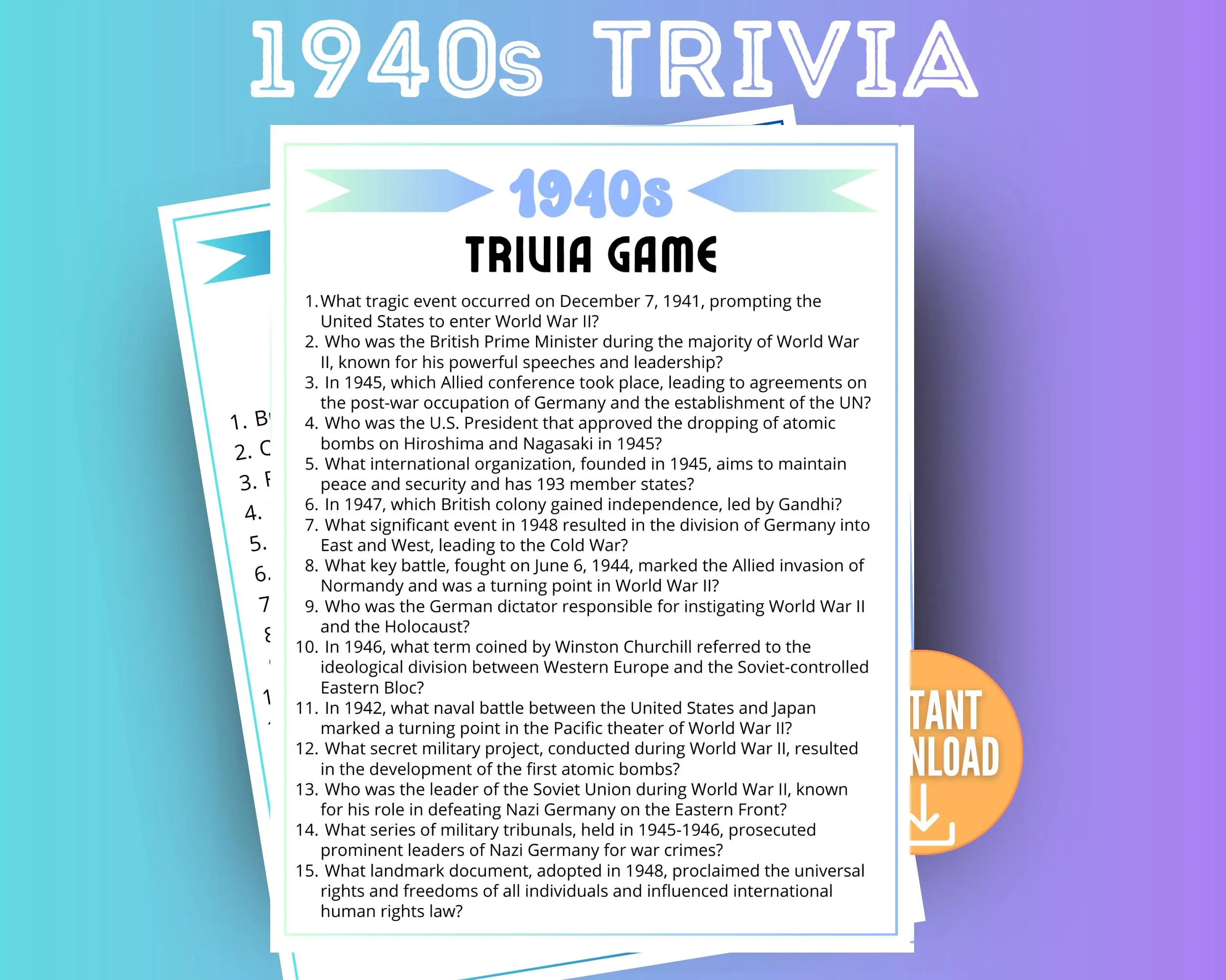 1940s Decade Trivia Game Trivia
